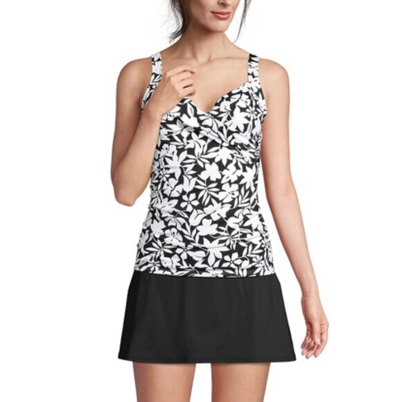 Lands End Long Torso Tankini Top Swimsuit Black Havana Floral Print Underwire 16 - Picture 1 of 12
